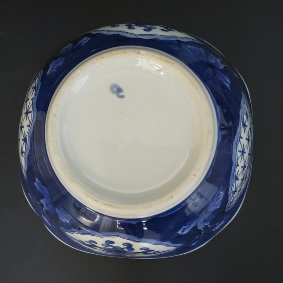 Rare Vintage Chinese Blueware Asian Porcelain Square Bowl Brocade Floral 7.5"W - Picture 7 of 8